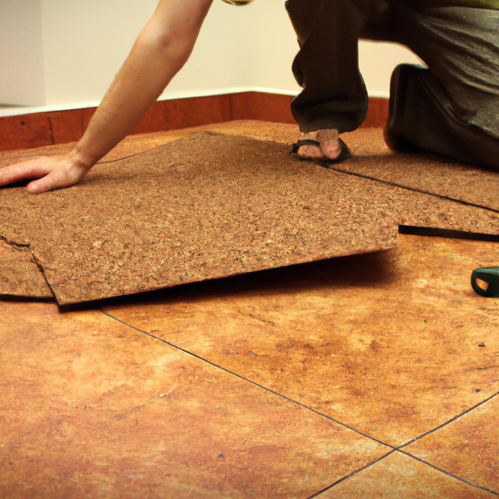 Person installing cork flooring indoors