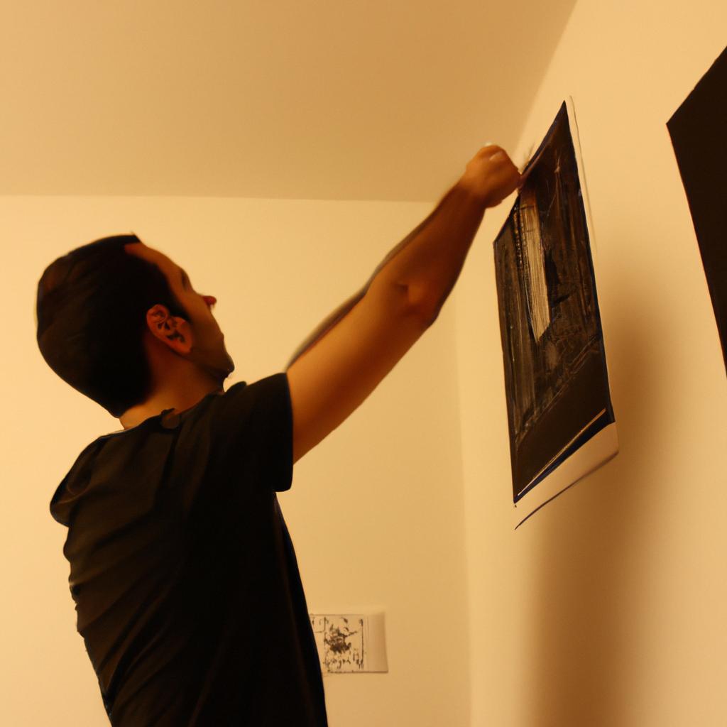 Person hanging artwork on wall
