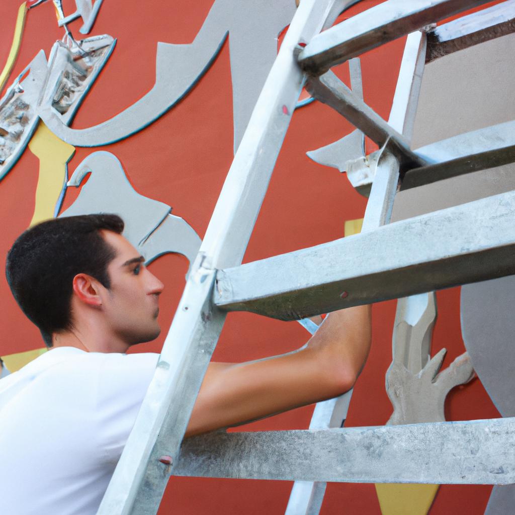Person painting a mural outdoors