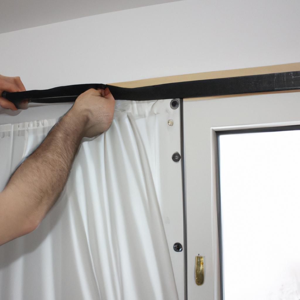 Person measuring and installing curtains
